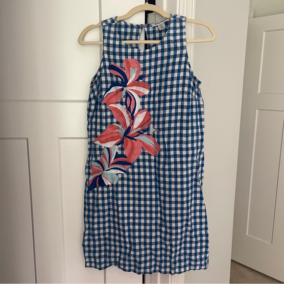 Tommy Bahama Sleeveless Blue White Gingham Floral Embroidered Dress - Picture 1 of 4